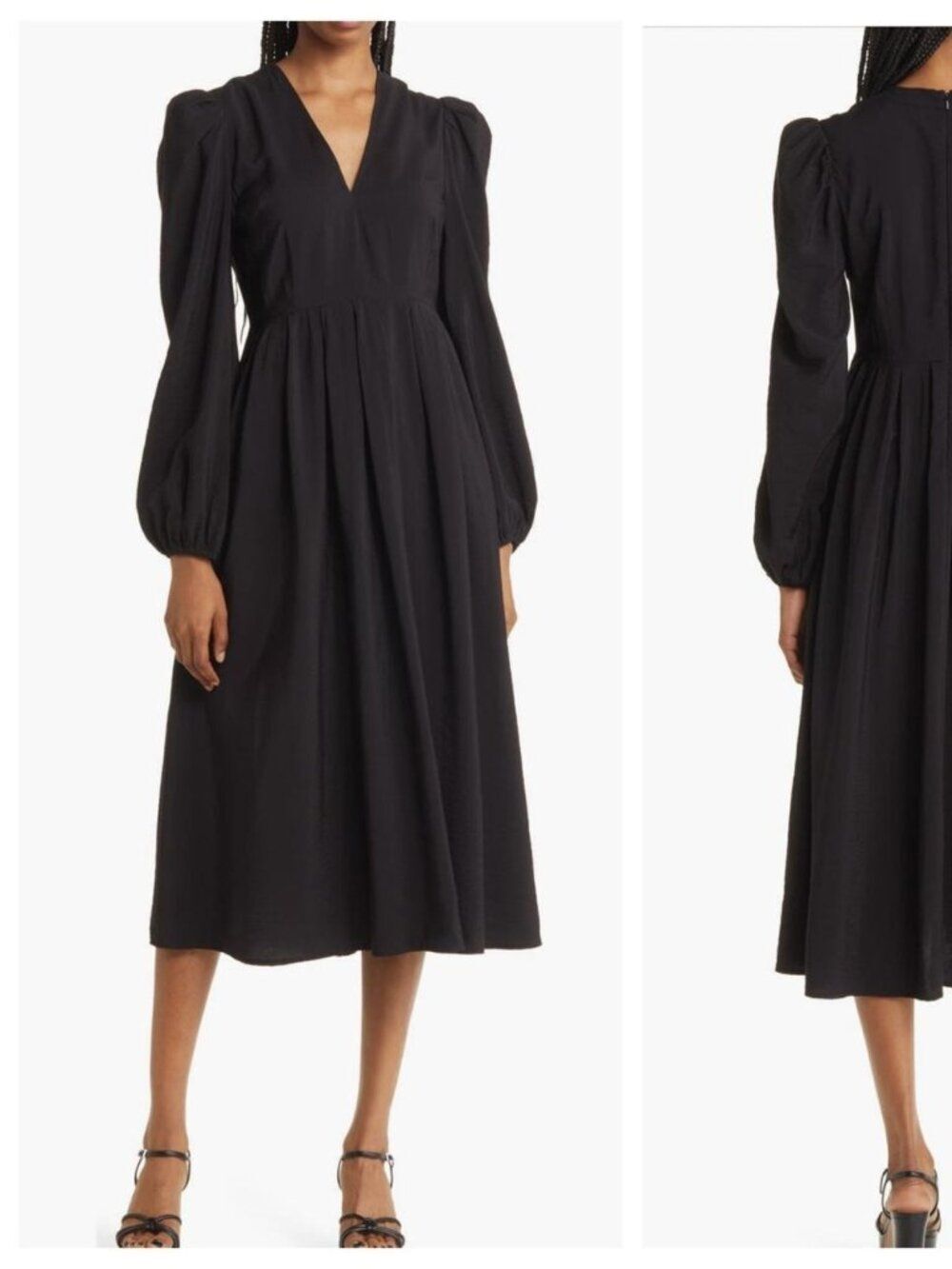 Chelsea28 Black Pleated Long Puff Sleeve Midi Dress Size L